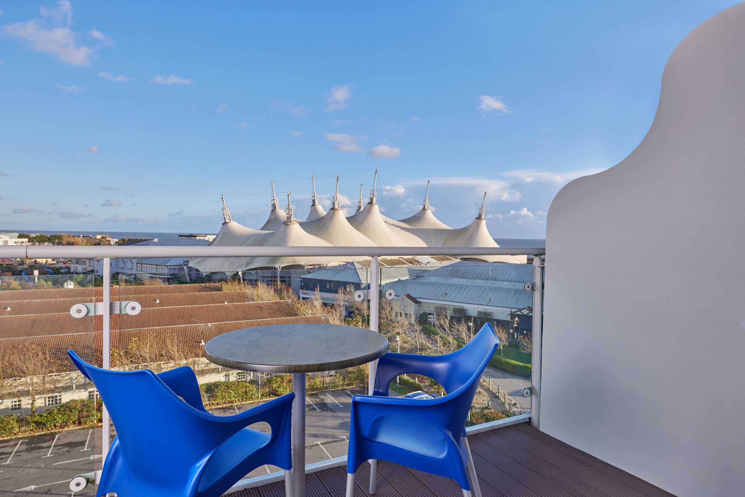 A terrace overlooking the Skyline Pavilion in our Wave Hotel Apartments at Bognor Regis.