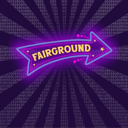 Fairground graphic with a glowing neon arrow sign on a purple starburst background