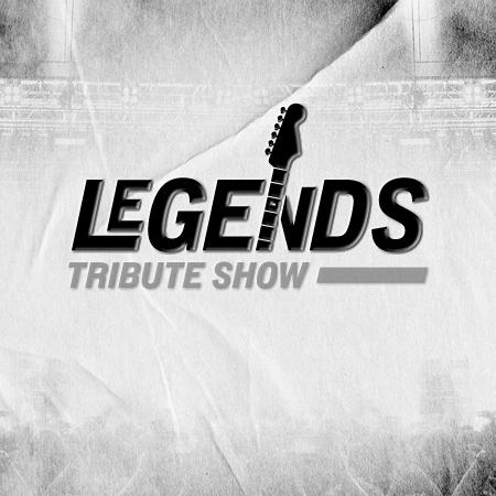 Legends Tribute Show graphic with a guitar headstock on a black and white concert backdrop