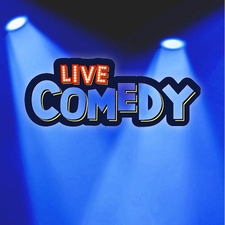 Live Comedy graphic with light-bulb lettering under blue stage spotlights