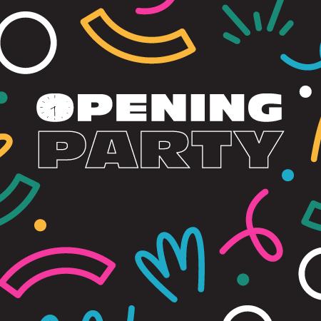 Opening Party graphic with a clock in the O and colourful line doodles on black