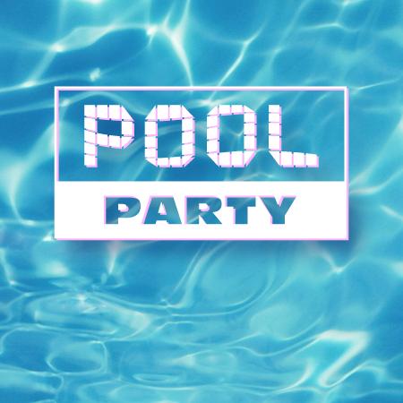 Pool Party graphic with pool-float lettering over rippling blue water
