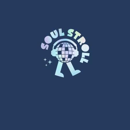 Soul Stroll graphic with a disco ball wearing headphones and walking legs on a navy background