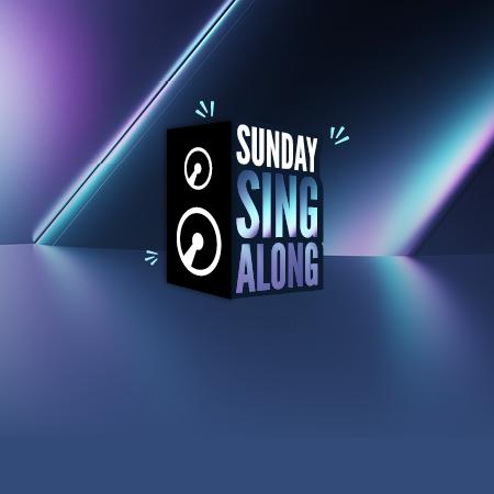 Sunday Singalong graphic with a speaker box on a moody blue lit background