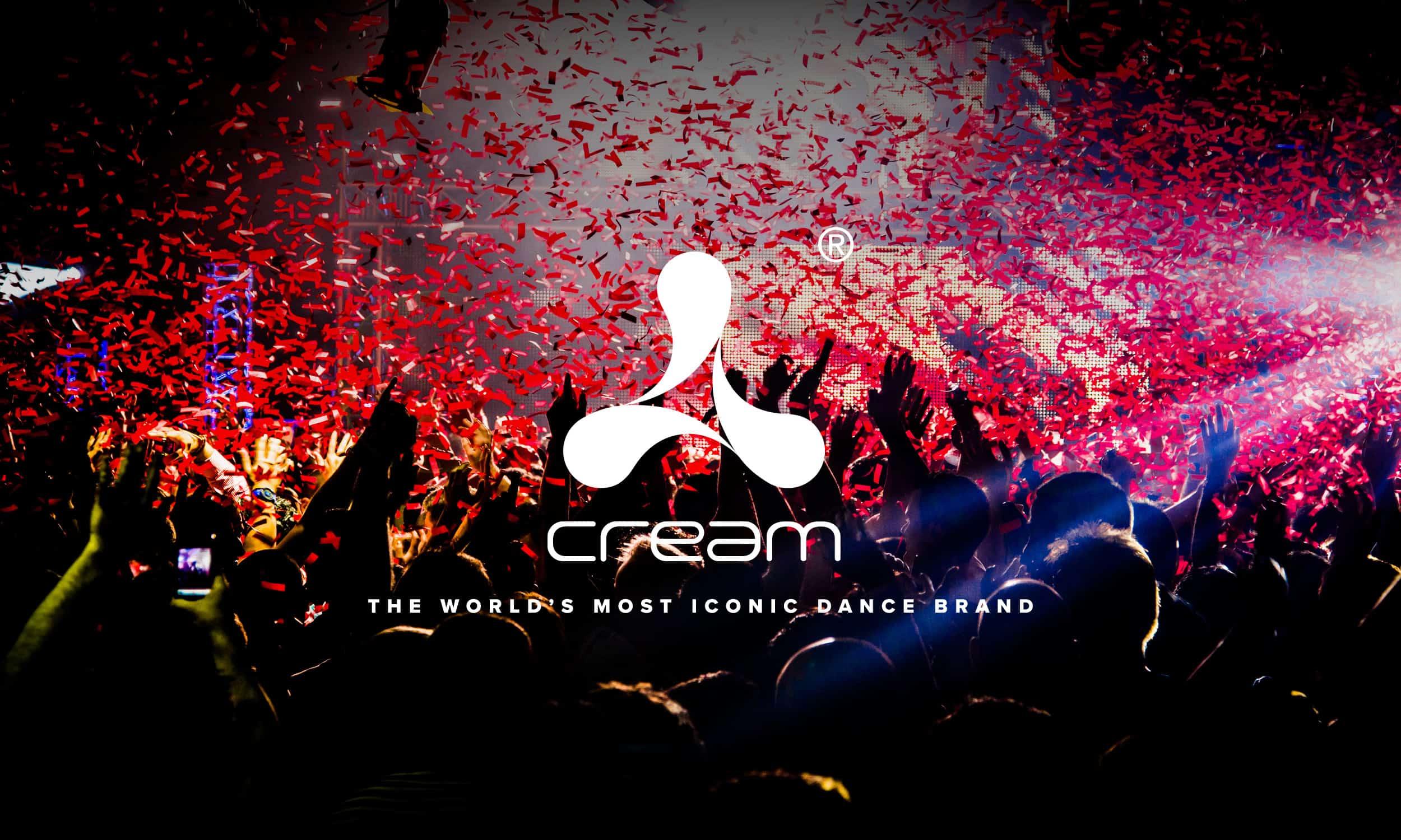 A massive crowd with hands raised as red confetti fills the air at a Cream event, overlaid with the brand's iconic white logo and tagline "The World's Most Iconic Dance Brand".