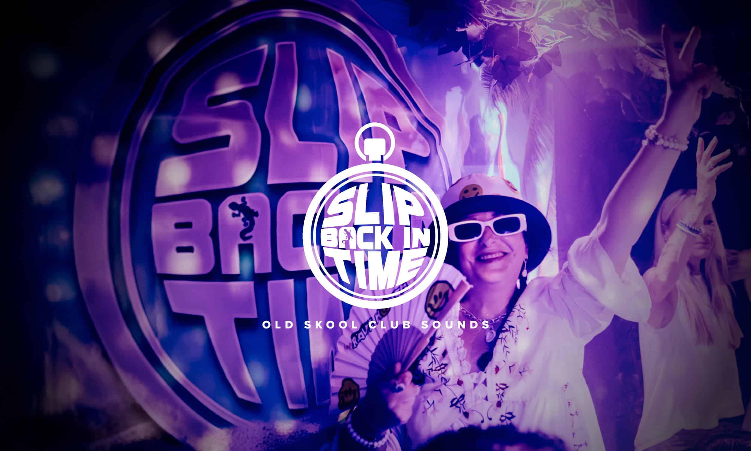 A smiling woman in a white outfit, hat and sunglasses dances with arms raised at Slip Back In Time, an old skool club night, set against a purple-toned backdrop featuring the event's logo.