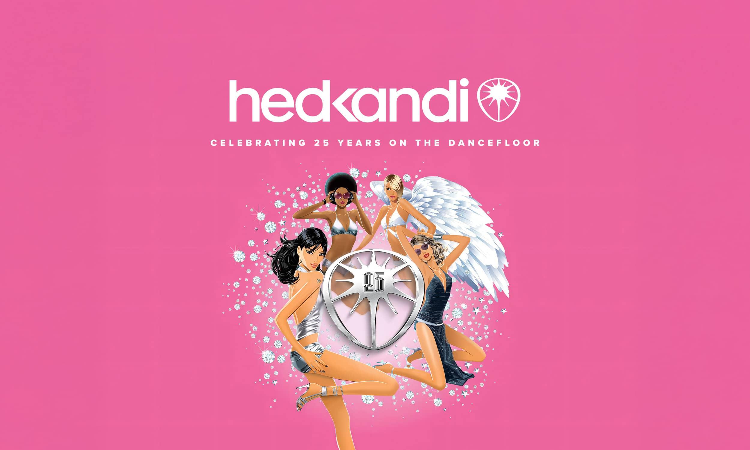 Hed Kandi 25th anniversary promotional graphic featuring the brand's iconic illustrated glamour figures surrounding a silver "25" emblem, set against a bold pink background with the tagline "Celebrating 25 Years on the Dancefloor"