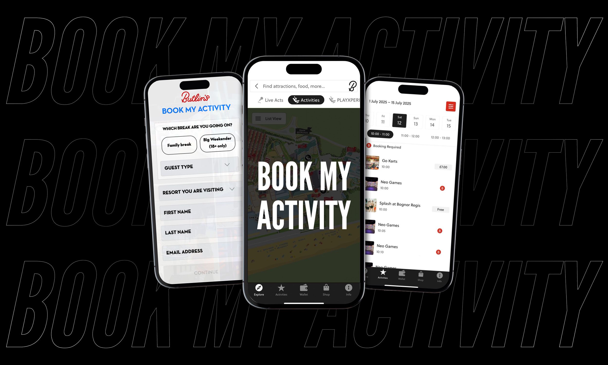 A promotional image for the Book My Activity tool. Featuring a black background with the words Book My Activity written across it. On top are three mobile phones, each showing a step of using the activity tool.