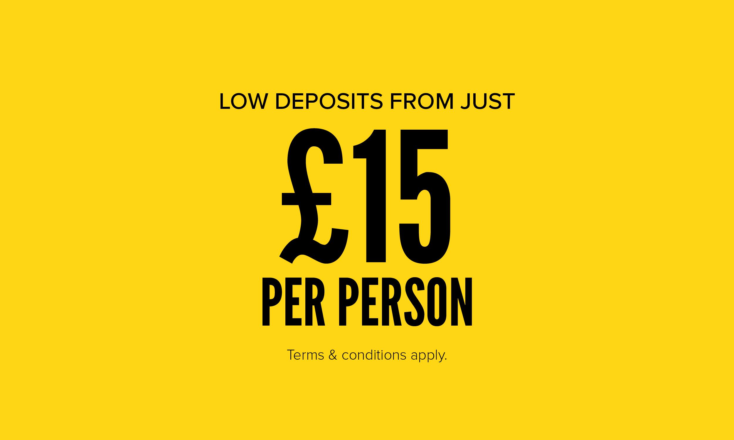 Promotional banner on a black background displaying the text: "Low deposits from £15 per person." The "£15" is displayed in large bold yellow lettering, with the remaining text in white.