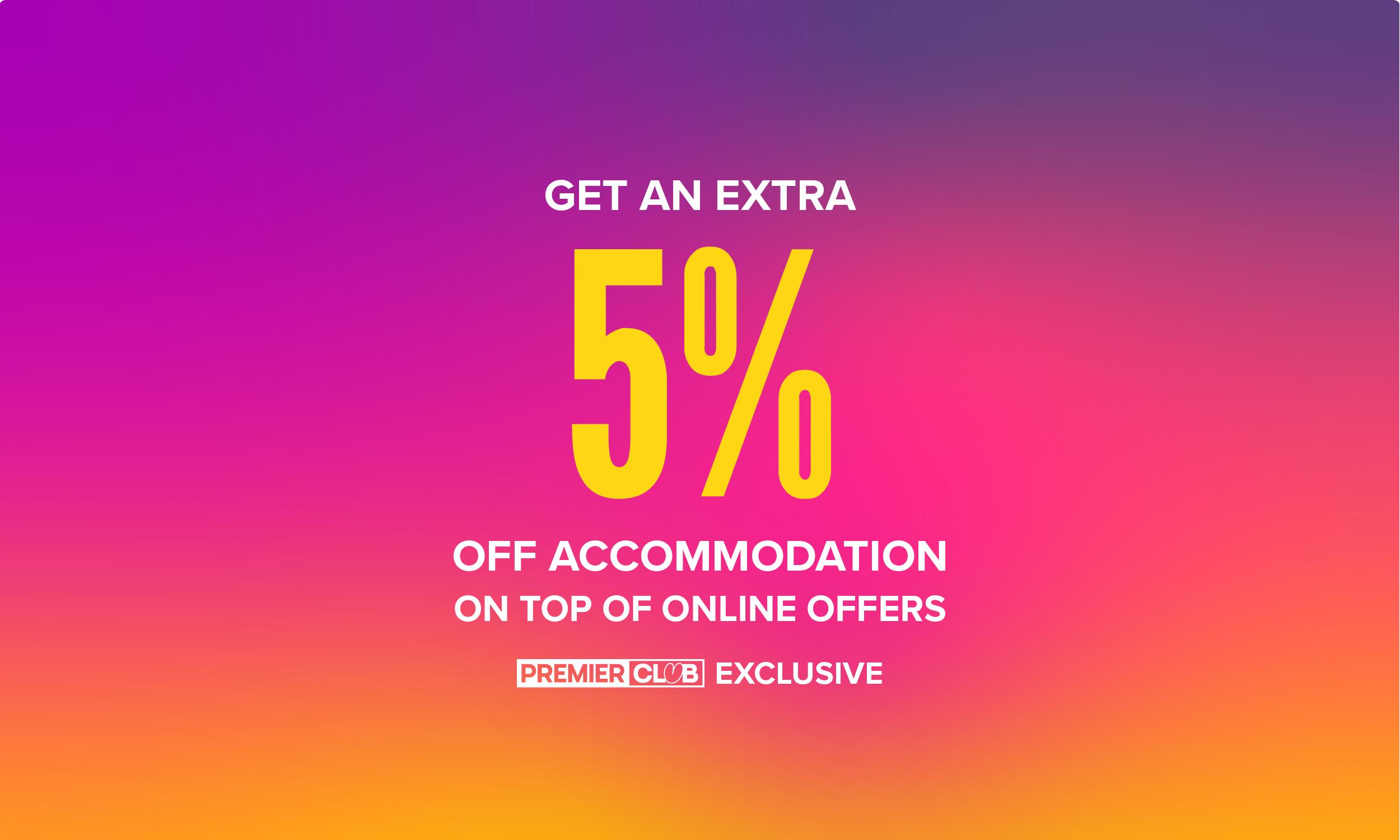 Promotional banner on a vibrant purple-to-orange gradient background displaying the text: "Get an extra 5% off accommodation on top of online offers – Premier Club Exclusive." The "5%" is in large bold yellow lettering, with the remaining text in white.