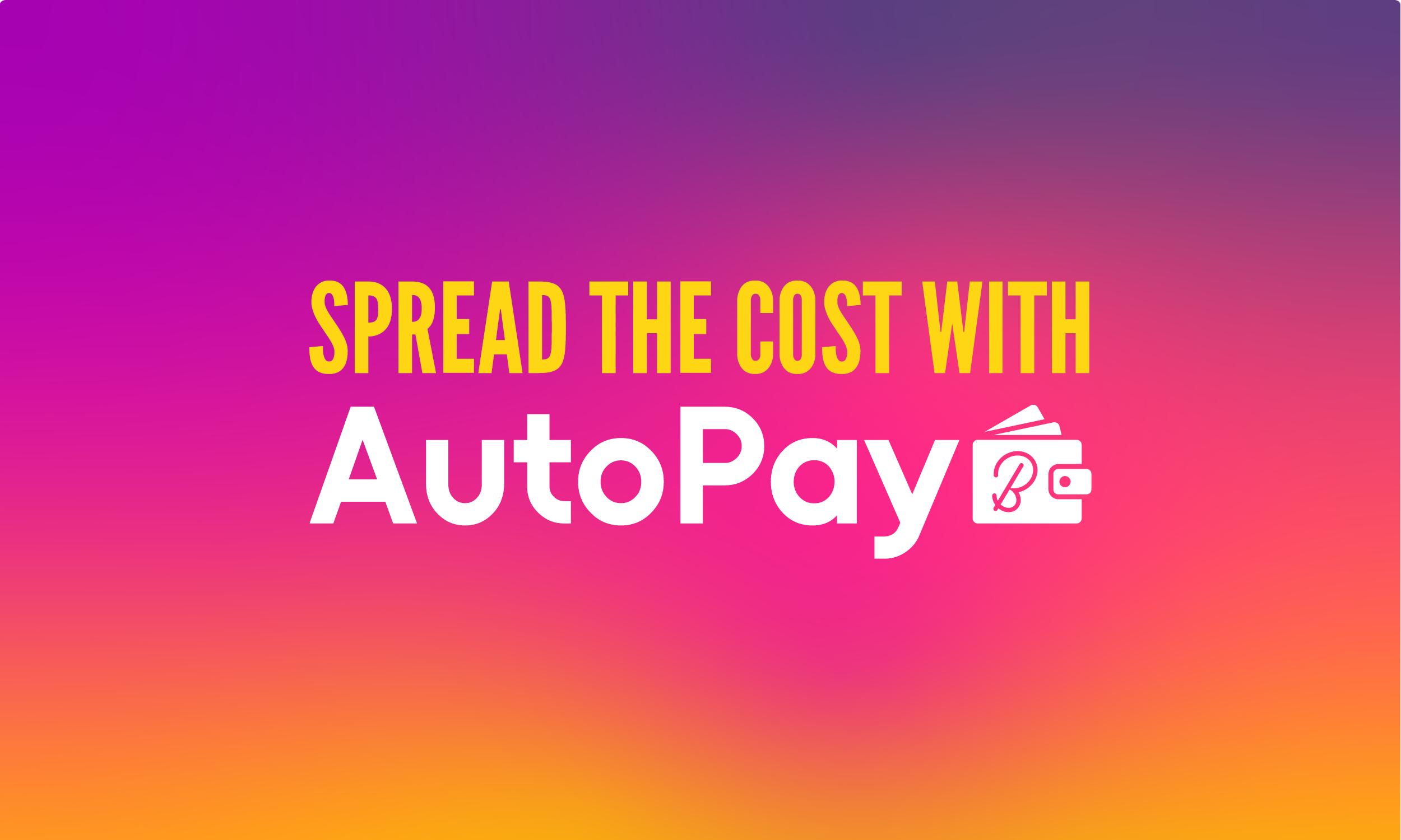 Promotional banner on a vibrant purple-to-orange gradient background displaying the text: "Spread the cost with AutoPay" in bold yellow and white lettering, with the AutoPay logo and a wallet icon.