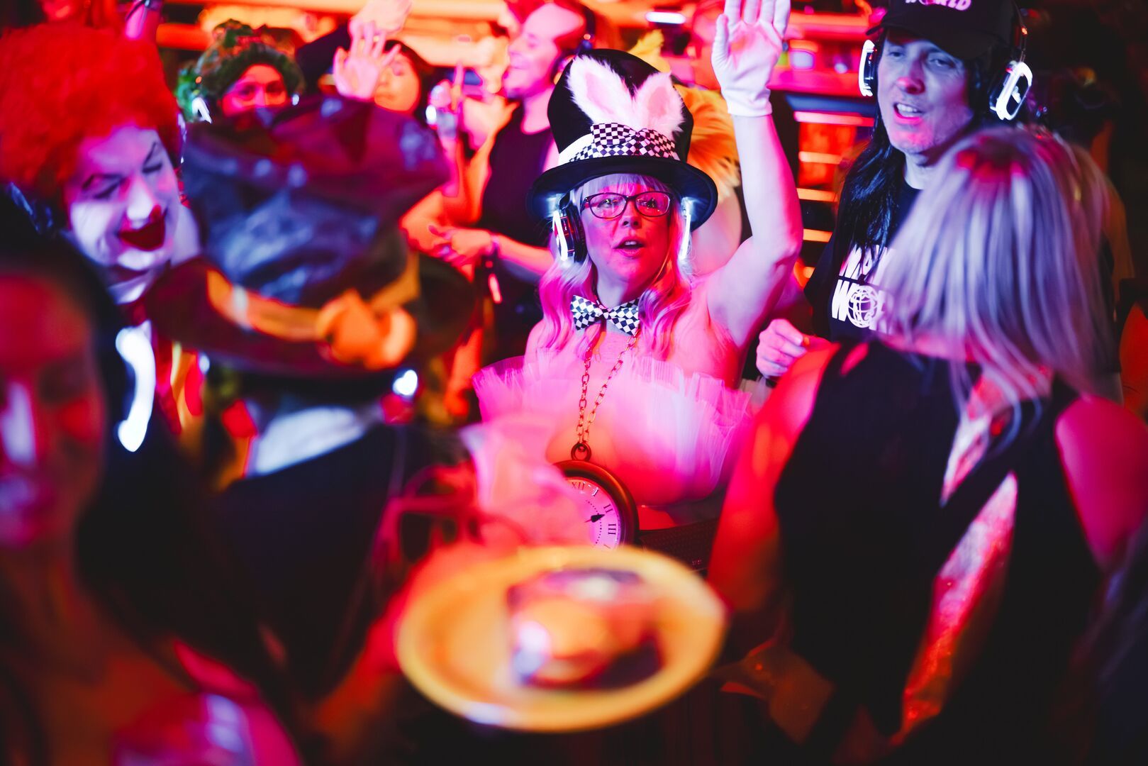 A close-up of Big Weekender guests in a crowd, all in fancy dress.