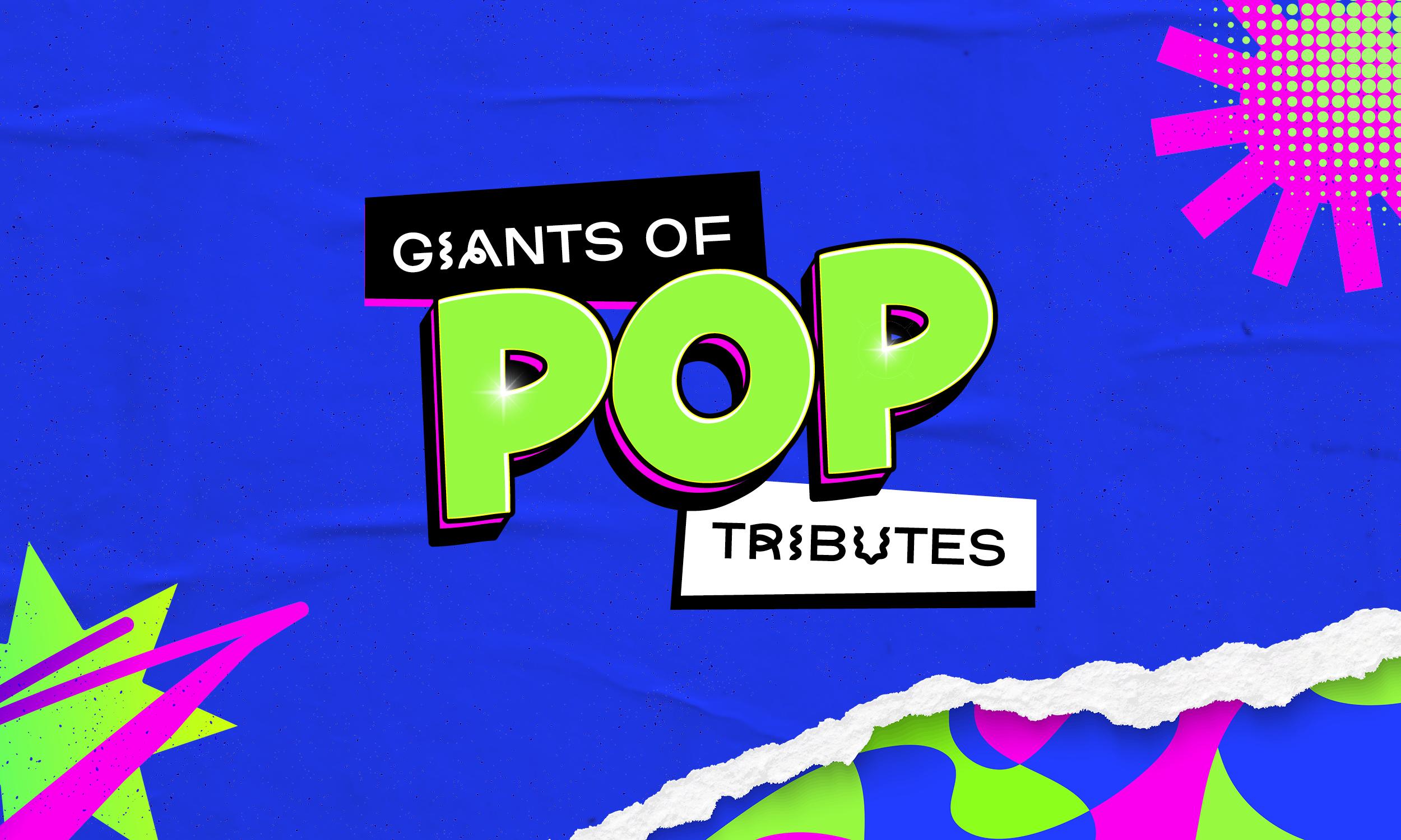 Giants of Pop Tributes logo centred on a bright blue textured background. 'Giants of' appears in white text on a black rectangular banner, with 'POP' in large bold lime green letters with a pink shadow effect below, and 'Tributes' on a white block beneath. Decorative retro graphic elements surround the logo, including neon pink and green stars and lightning bolt shapes in the lower left, a torn white paper strip along the bottom edge, and a pink starburst with green halftone dot pattern in the upper right corner.