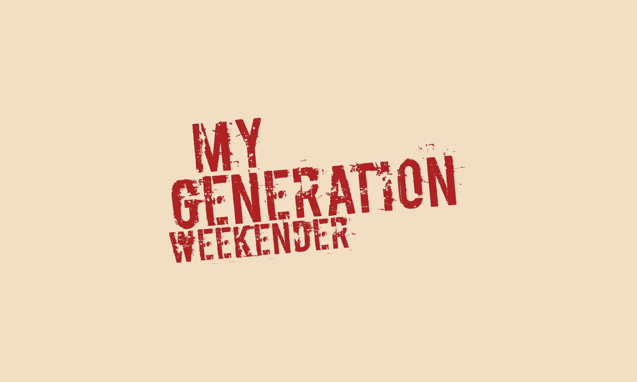 My Generation Weekender logo in distressed red lettering on a beige background