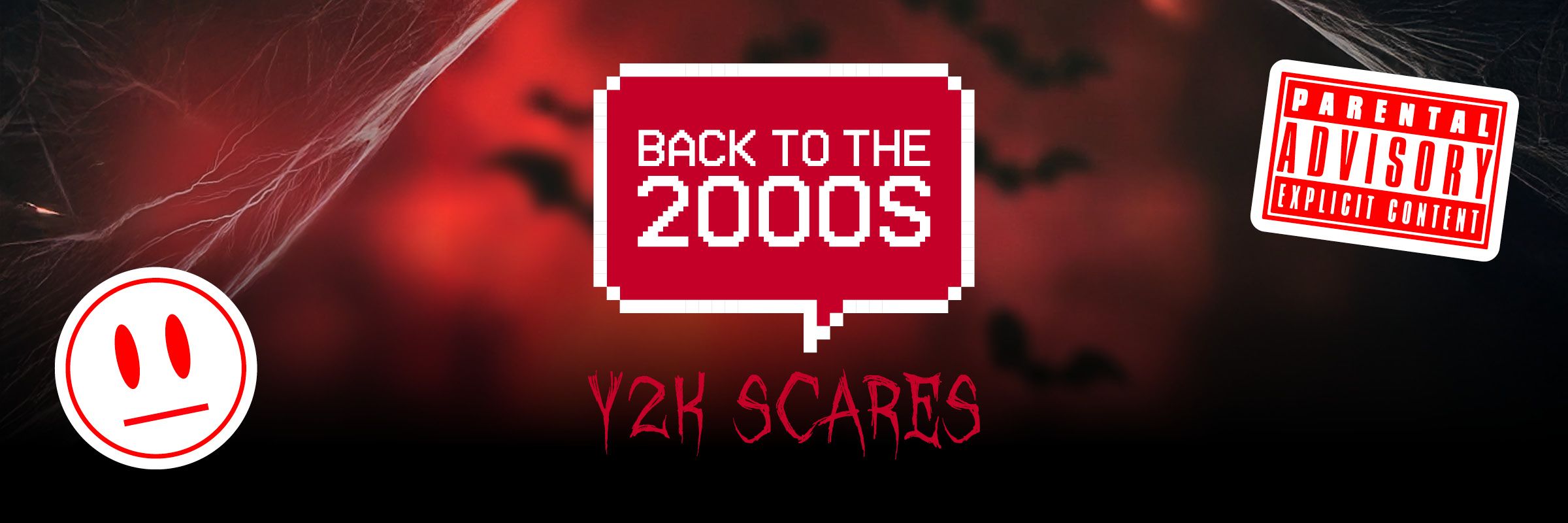 Halloween-themed visual for Butlin’s Back to the 2000s: Y2K Scares featuring blood-drip text, dark cobwebs, a distressed emoji and a pixel-art red speech bubble with “Back to the 2000s.”