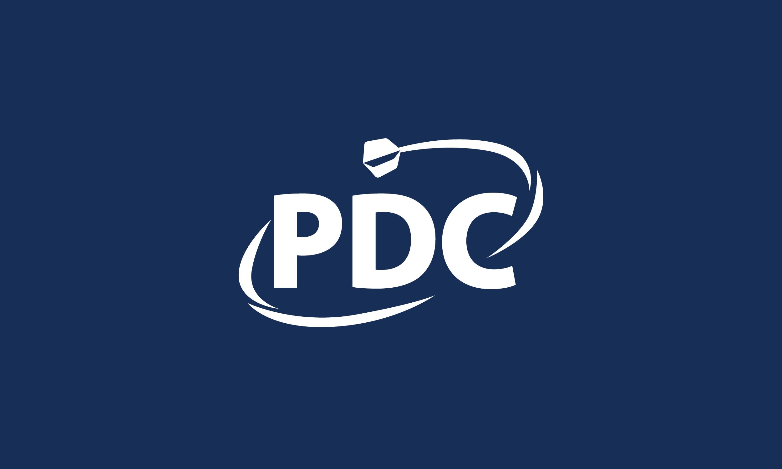 PDC (Professional Darts Corporation) logo, featuring a dart flight above the stylised white lettering on a navy blue background.