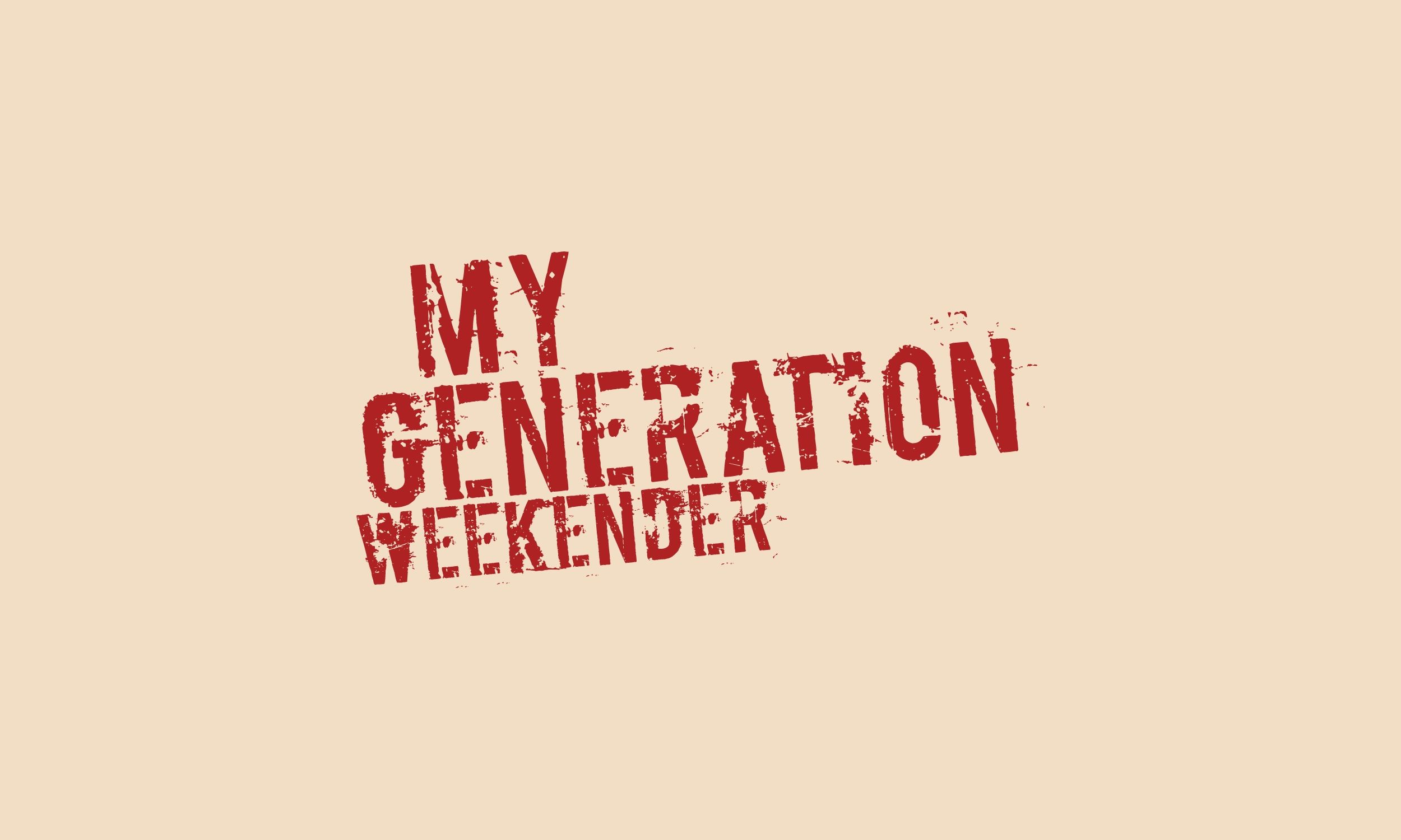 My Generation Weekender logo in distressed red lettering on a beige background