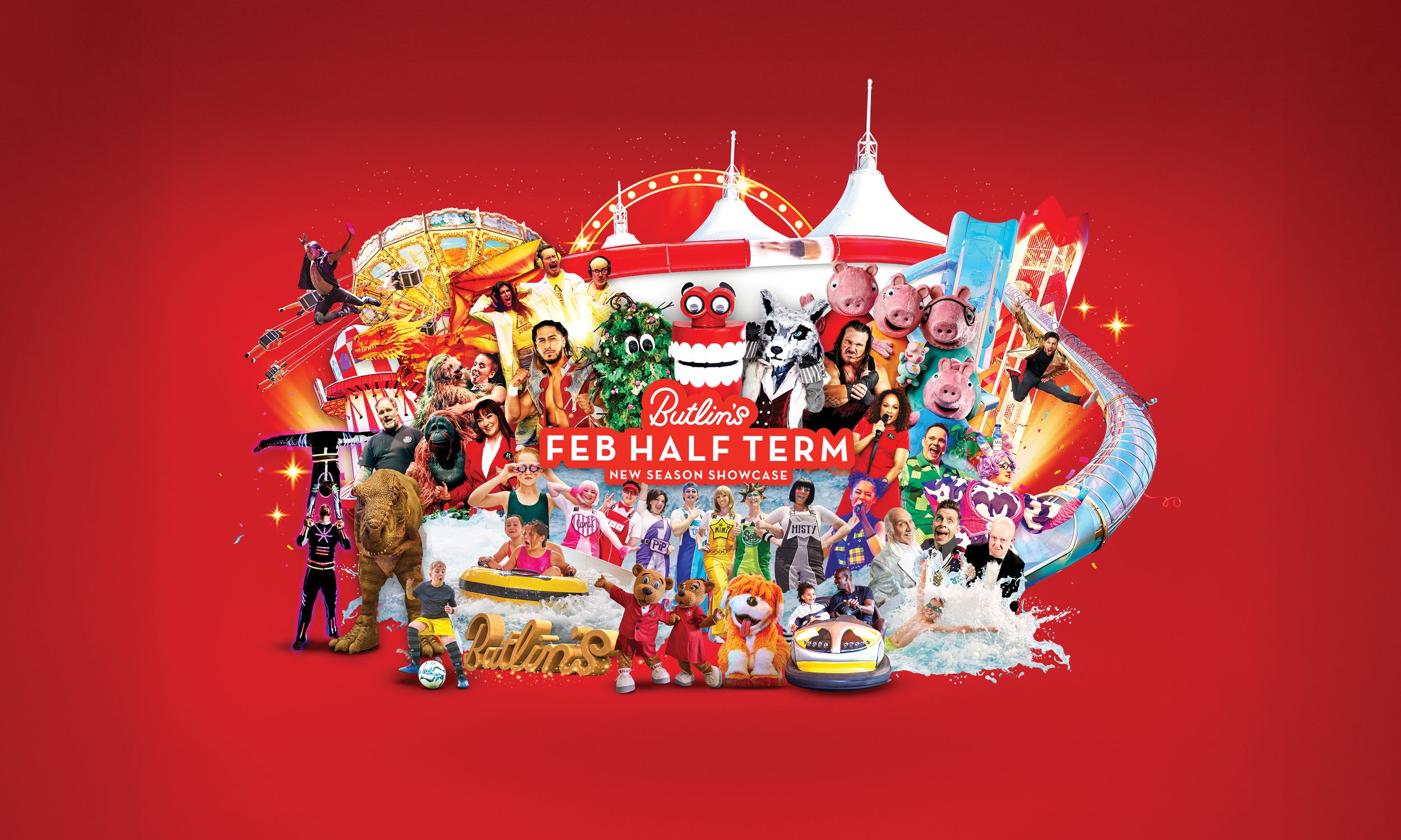 Colourful montage promoting Butlin’s February Half Term, featuring live shows, fairground rides, water slides, family entertainment and characters around a big top.