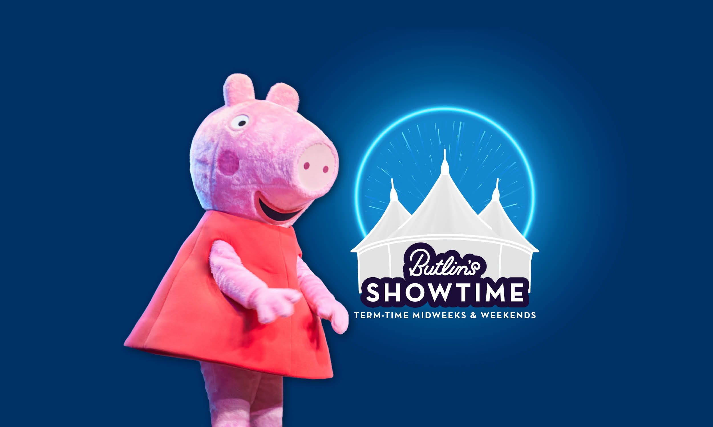 An image of Peppa Pig next to a logo. The logo shows a white tent with three peaks and a circular halo sits around it. There is some text which sits at the bottom of the tent which reads: Butlin's Showtime Term-time Midweek and weekend breaks.