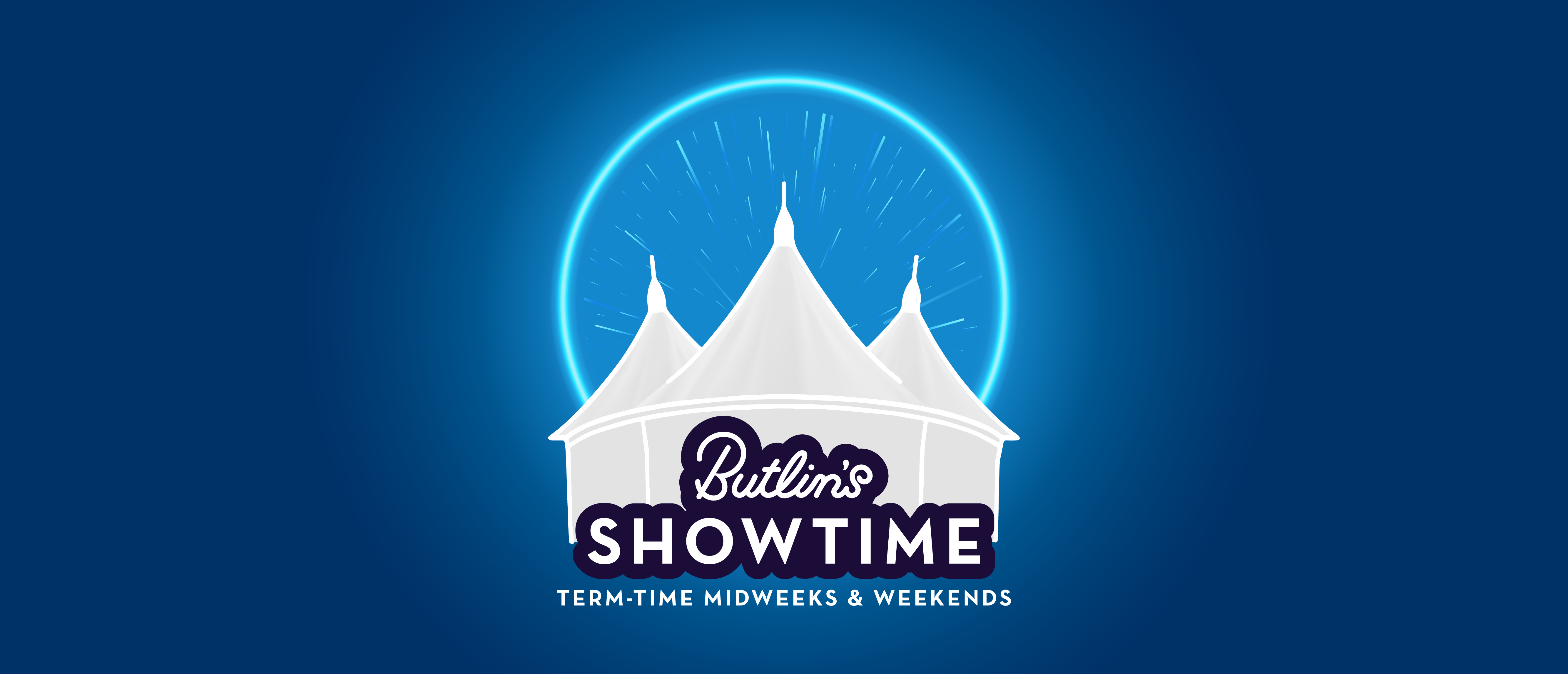 Butlin’s Showtime Weekends logo on a deep blue background, showing a white tent lit by a glowing blue circle with starburst rays.