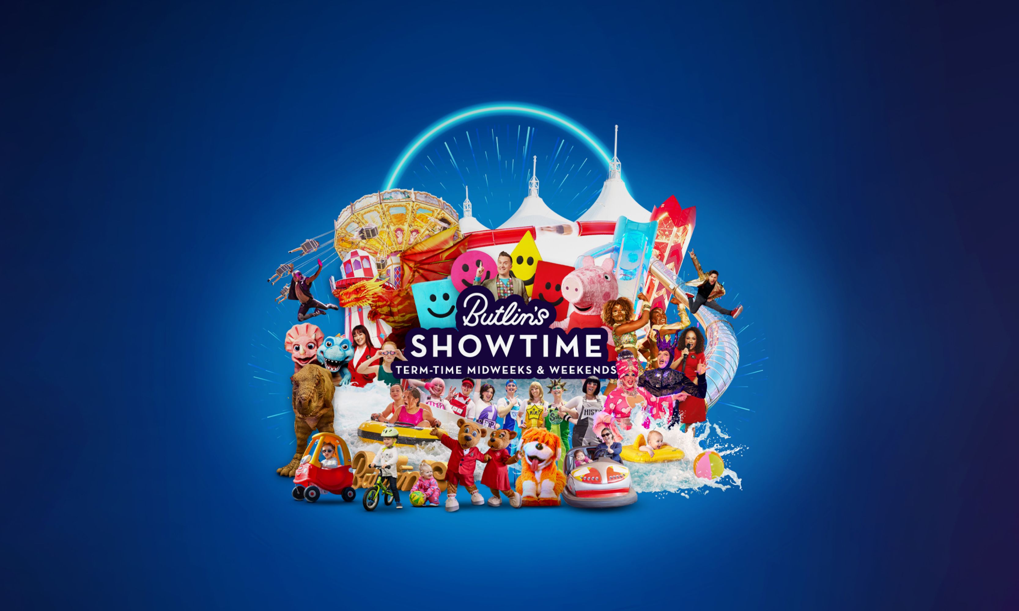 A montage of all the shows and activities that can be found on Showtime midweek and weekend breaks. Included shows are Peppa Pig, Mister Maker, the Skyline Gang and many more! The montage is set against a dark blue background with the Skyline Pavilion peaks just in view at the top of the montage.
