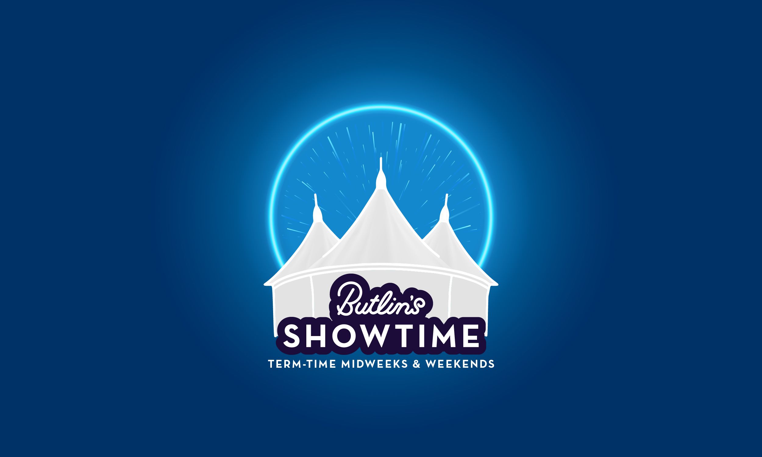 Butlin’s Showtime Weekends logo on a deep blue background, showing a white tent lit by a glowing blue circle with starburst rays.