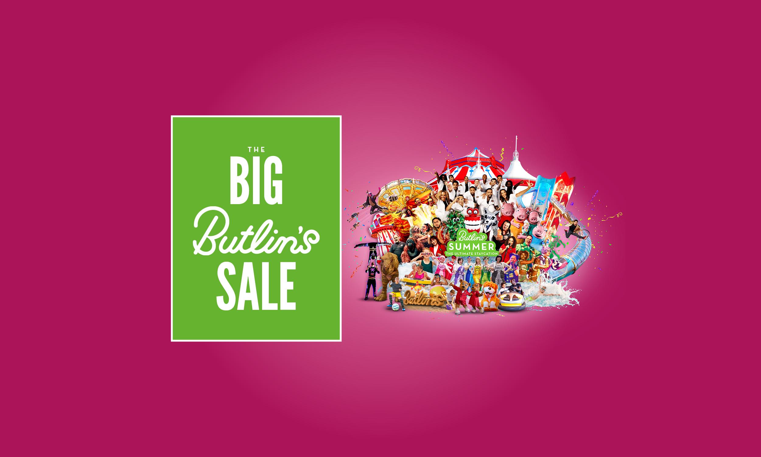 A promotional banner for The Big Butlin's Sale against a hot pink background. A green bordered text box on the left displays the sale name, alongside a colourful collage of Butlin's Summer holiday imagery including entertainers, fairground rides, water slides, mascots including Peppa Pig, and the Butlin's Summer branding.