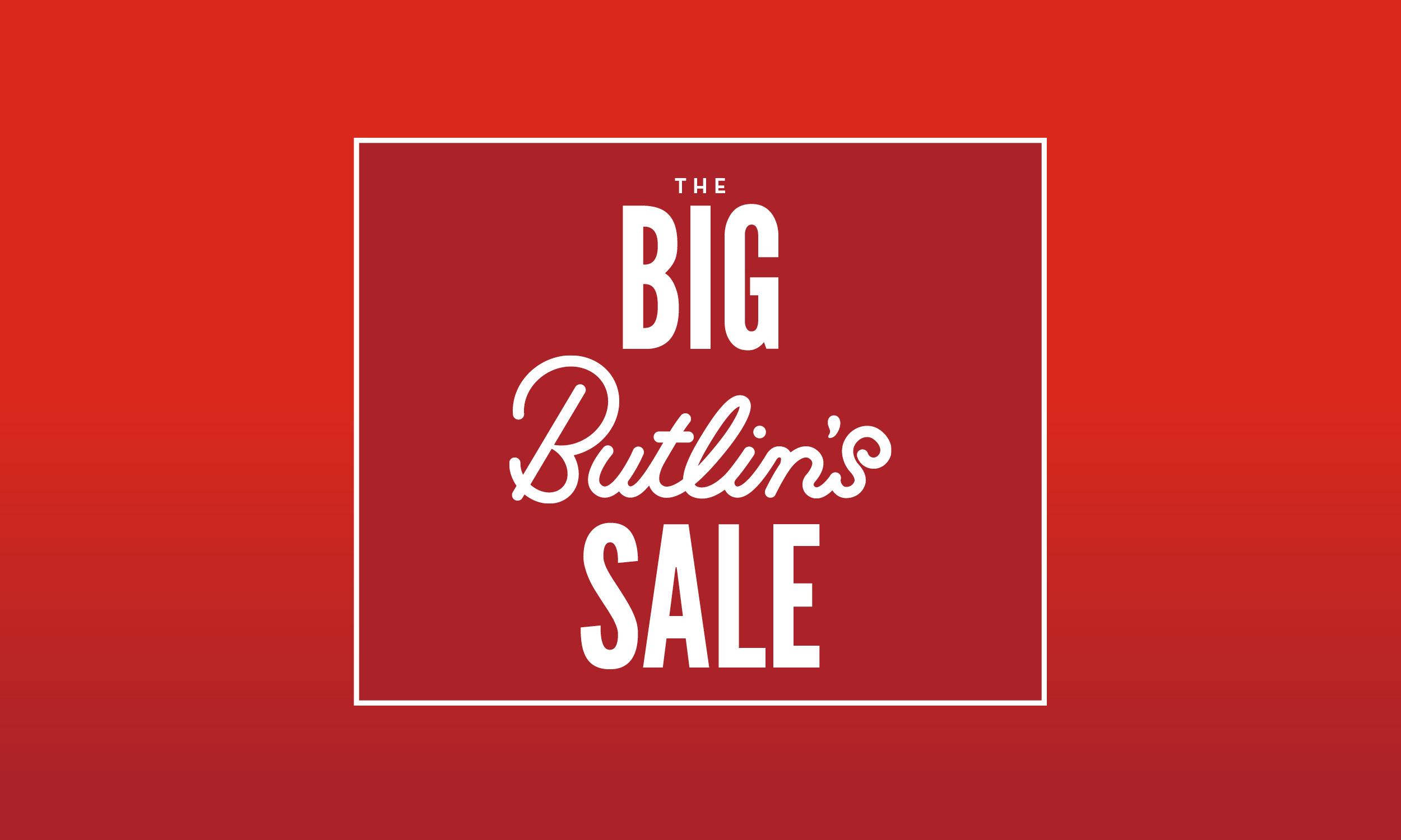 The Big Butlin's Sale promotional banner on a red gradient background, featuring a framed logo with the text "The Big Butlin's Sale" in bold white lettering, with "Butlin's" in a decorative script font.