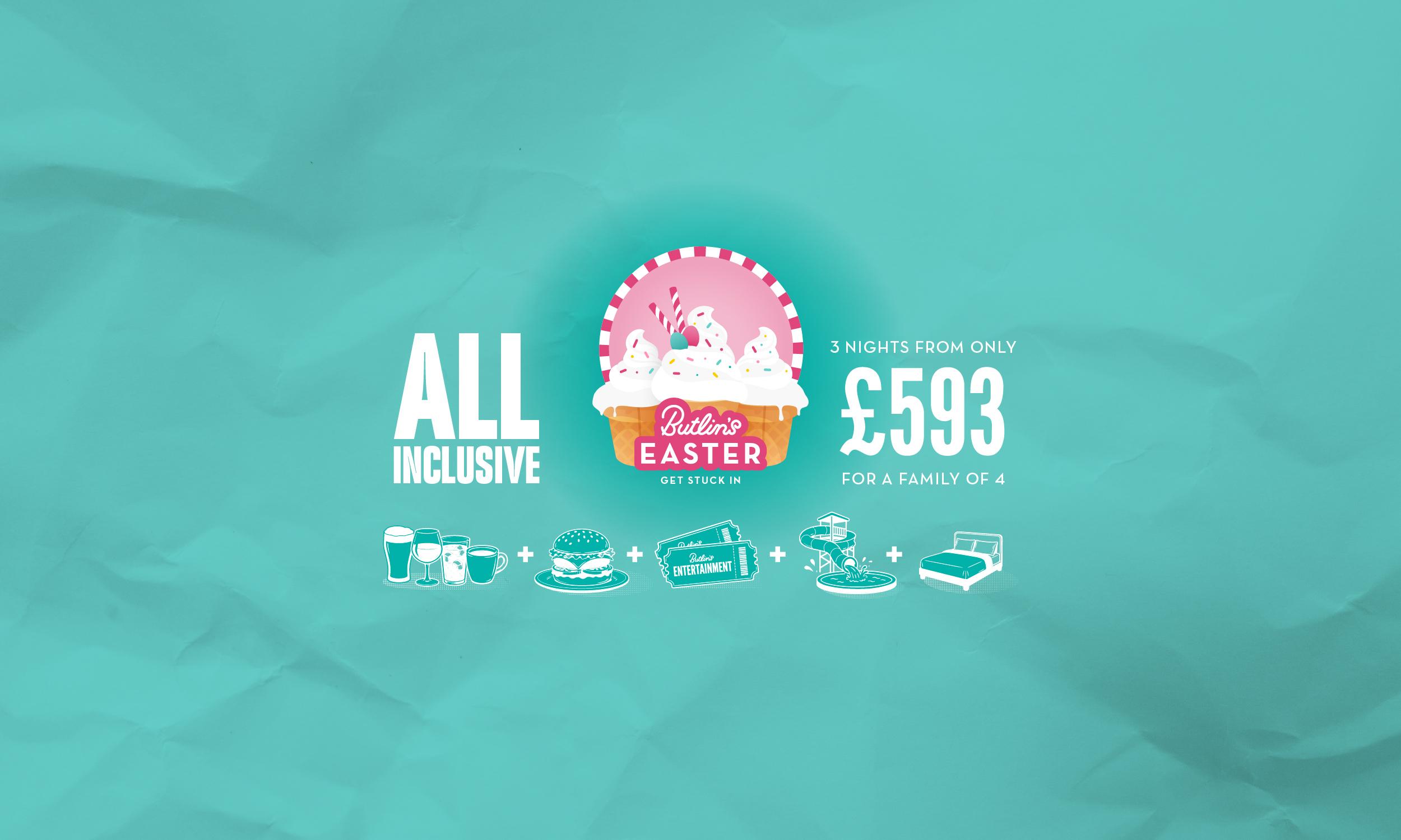 Butlin's Easter all inclusive offer. Central badge shows an illustrated ice cream sundae in a waffle cone bowl topped with whipped cream, sprinkles and wafer straws, framed by a pink and white striped circle, with the tagline "Get stuck in". Text reads "All inclusive" on the left and "3 nights from only £593 for a family of 4" on the right. Below, a row of white icons joined by plus signs shows drinks, a burger, Butlin's Entertainment tickets, a waterslide and pool, and a double bed, all on a textured teal background.