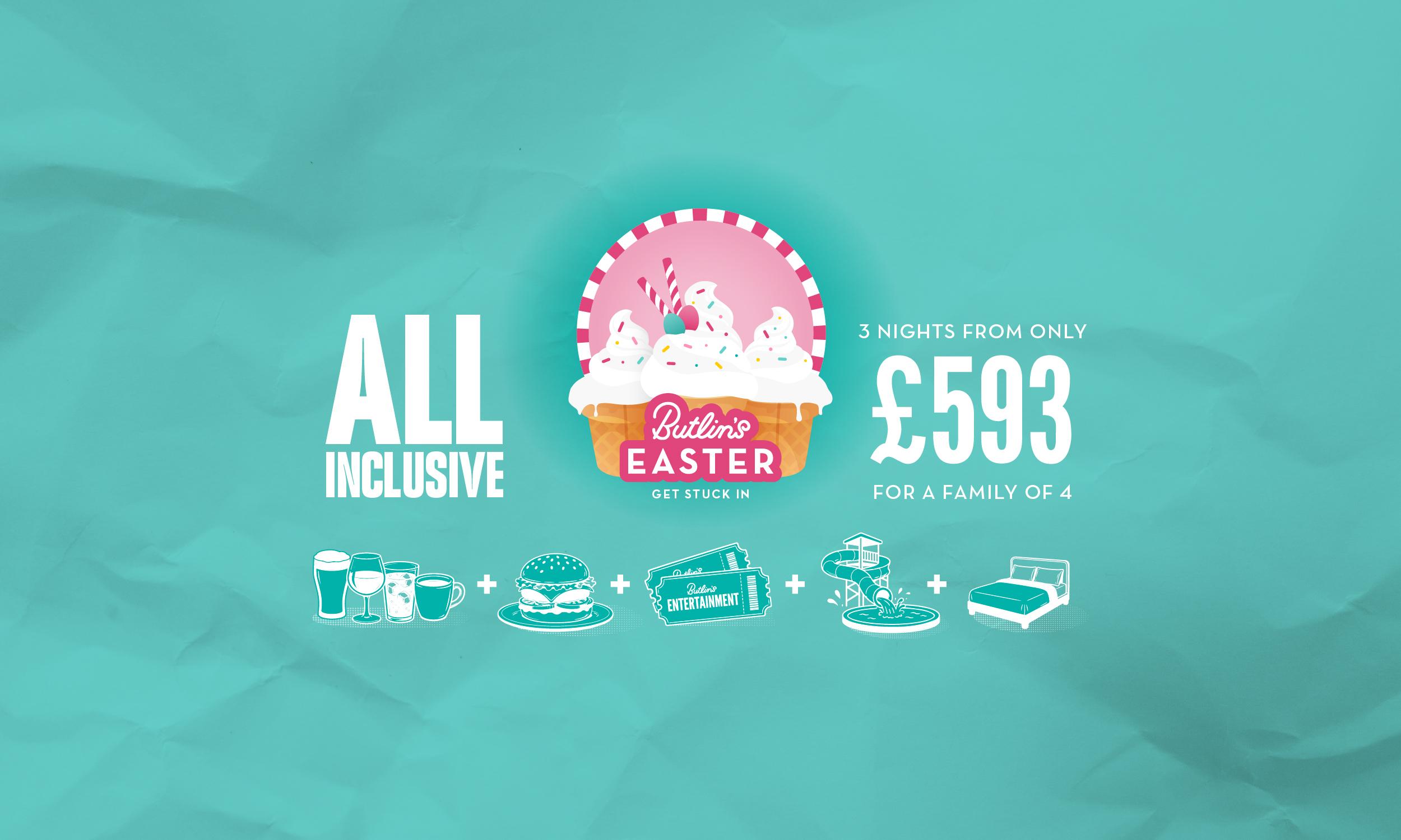 Butlin's Easter all inclusive offer. Central badge shows an illustrated ice cream sundae in a waffle cone bowl topped with whipped cream, sprinkles and wafer straws, framed by a pink and white striped circle, with the tagline "Get stuck in". Text reads "All inclusive" on the left and "3 nights from only £593 for a family of 4" on the right. Below, a row of white icons joined by plus signs shows drinks, a burger, Butlin's Entertainment tickets, a waterslide and pool, and a double bed, all on a textured teal background.