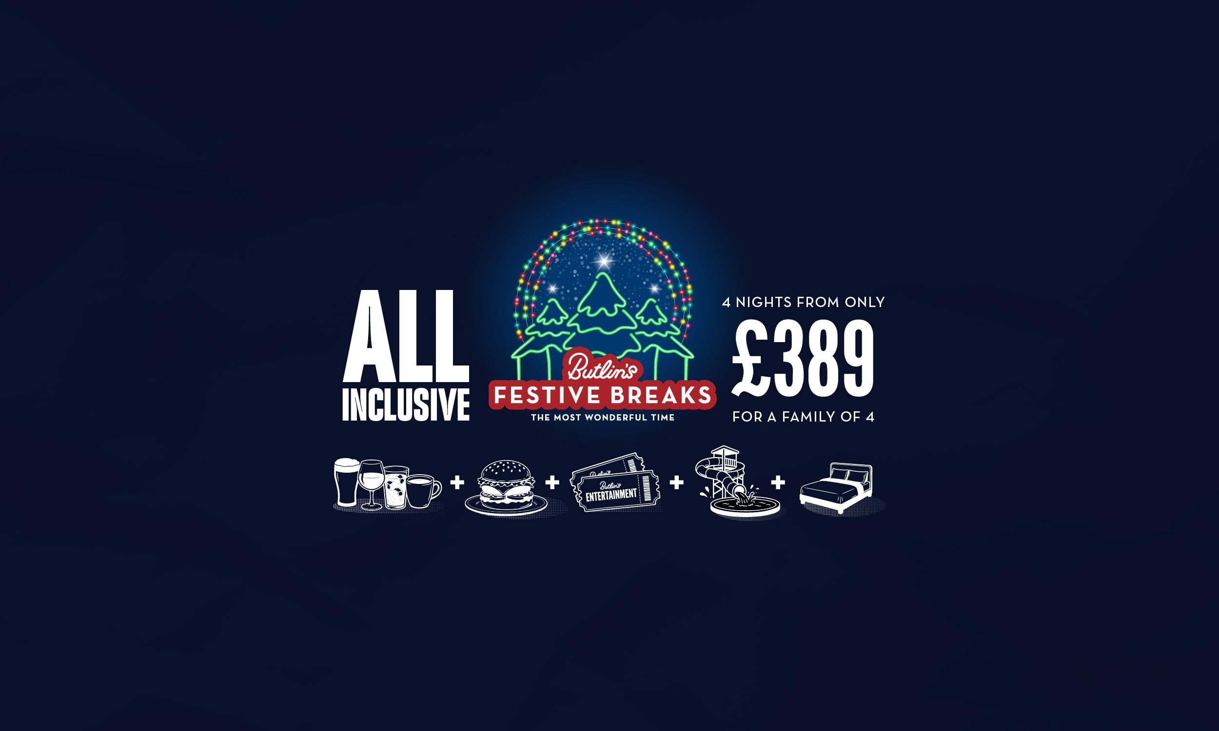 Butlin's Festive Breaks all inclusive offer. Central badge shows three green neon Christmas trees under a sparkling night sky, framed by arcs of multicoloured fairy lights, with the tagline "The most wonderful time". Text reads "All inclusive" on the left and "4 nights from only £389 for a family of 4" on the right. Below, a row of white icons joined by plus signs shows drinks, a burger, Butlin's Entertainment tickets, a waterslide and pool, and a double bed, all on a dark navy background.