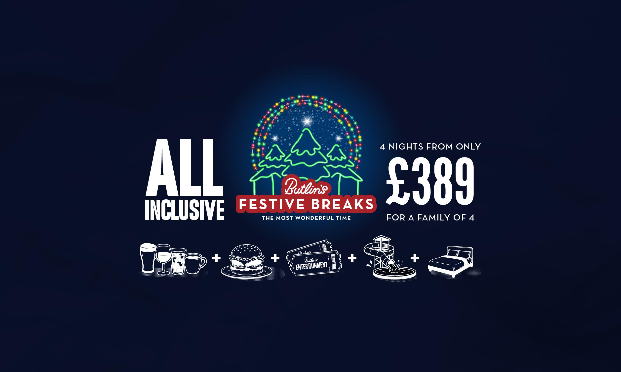 Butlin's Festive Breaks all inclusive offer. Central badge shows three green neon Christmas trees under a sparkling night sky, framed by arcs of multicoloured fairy lights, with the tagline "The most wonderful time". Text reads "All inclusive" on the left and "4 nights from only £389 for a family of 4" on the right. Below, a row of white icons joined by plus signs shows drinks, a burger, Butlin's Entertainment tickets, a waterslide and pool, and a double bed, all on a dark navy background.