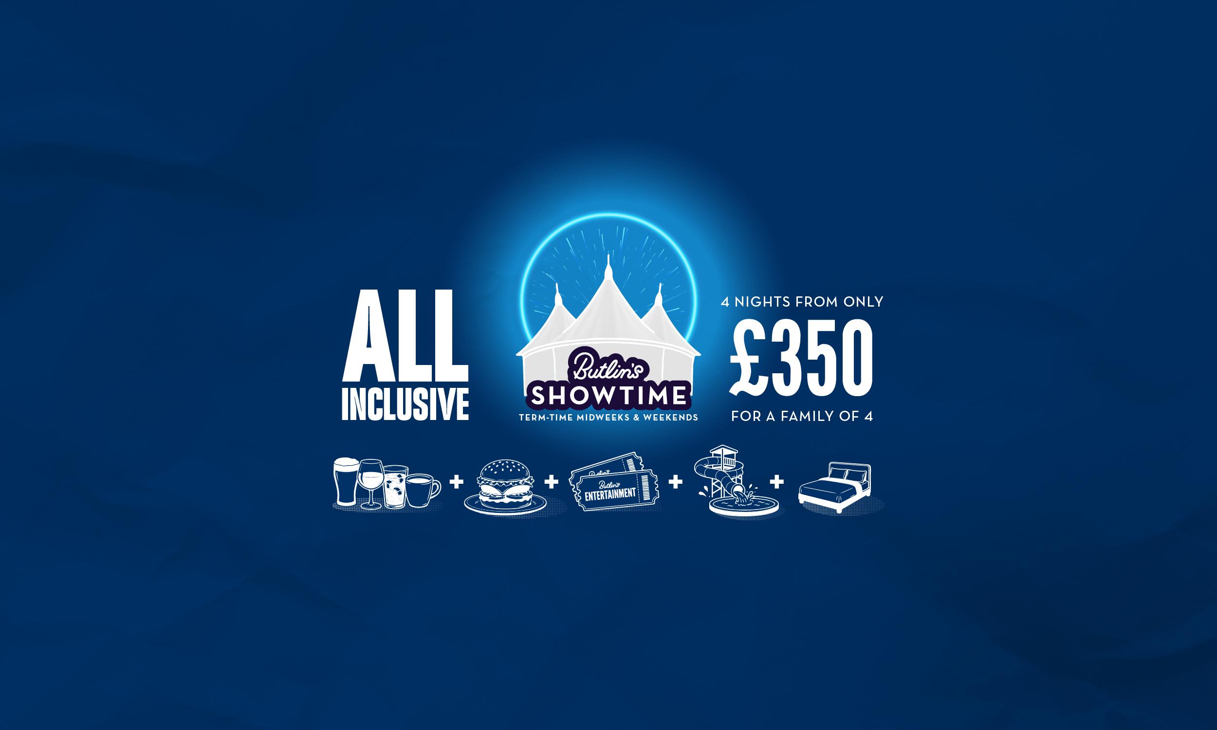 Butlin's Showtime all inclusive offer. Central badge shows the white Butlin's Skyline Pavilion in front of a glowing blue neon circle with bursting light rays, with the tagline "Term-time midweeks & weekends". Text reads "All inclusive" on the left and "4 nights from only £350 for a family of 4" on the right. Below, a row of white icons joined by plus signs shows drinks, a burger, Butlin's Entertainment tickets, a waterslide and pool, and a double bed, all on a dark blue background.