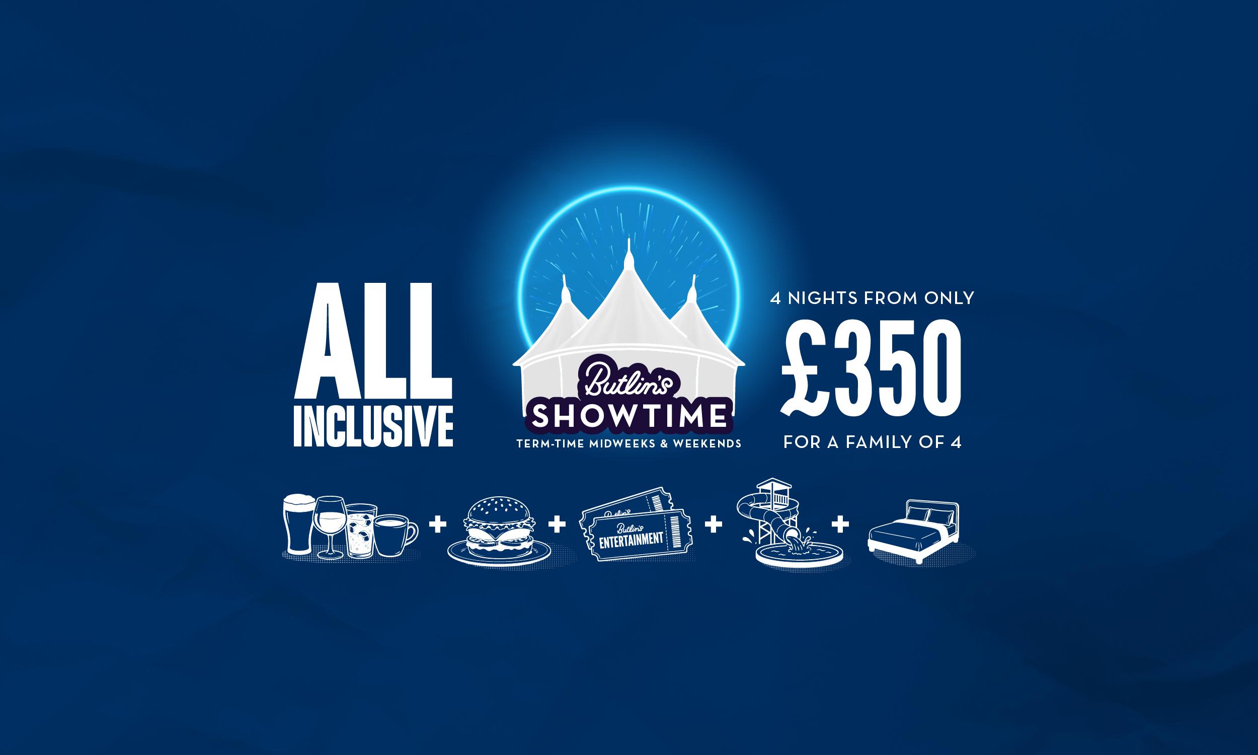 Butlin's Showtime all inclusive offer. Central badge shows the white Butlin's Skyline Pavilion in front of a glowing blue neon circle with bursting light rays, with the tagline "Term-time midweeks & weekends". Text reads "All inclusive" on the left and "4 nights from only £350 for a family of 4" on the right. Below, a row of white icons joined by plus signs shows drinks, a burger, Butlin's Entertainment tickets, a waterslide and pool, and a double bed, all on a dark blue background.