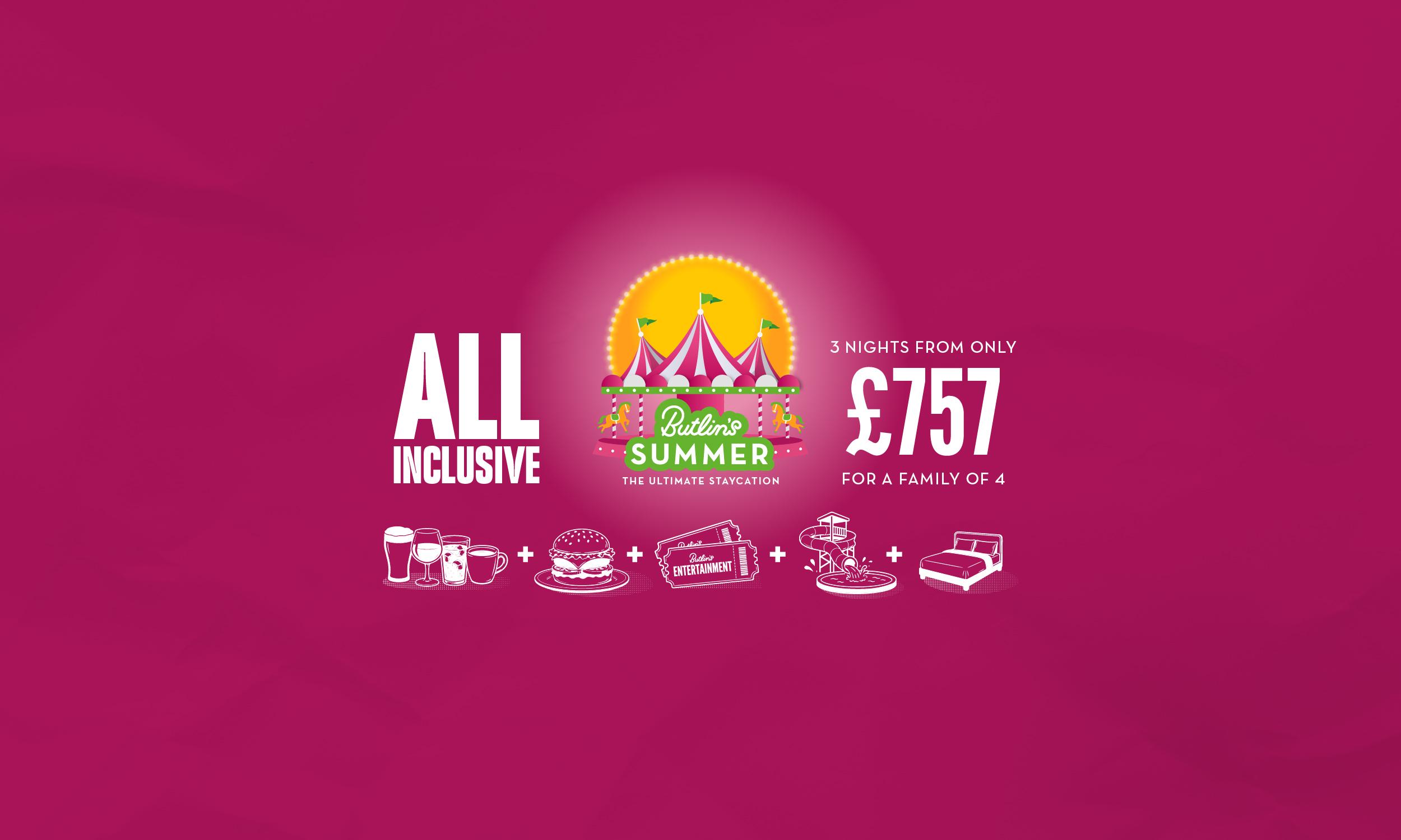 Butlin's Summer all inclusive offer. Central badge shows the Butlin's Skyline Pavilion styled as a pink and white striped carousel with green flags and orange carousel horses, set against a yellow sun ringed with lights, with the tagline "The ultimate staycation". Text reads "All inclusive" on the left and "3 nights from only £757 for a family of 4" on the right. Below, a row of white icons joined by plus signs shows drinks, a burger, Butlin's Entertainment tickets, a waterslide and pool, and a double bed, all on a textured magenta background.