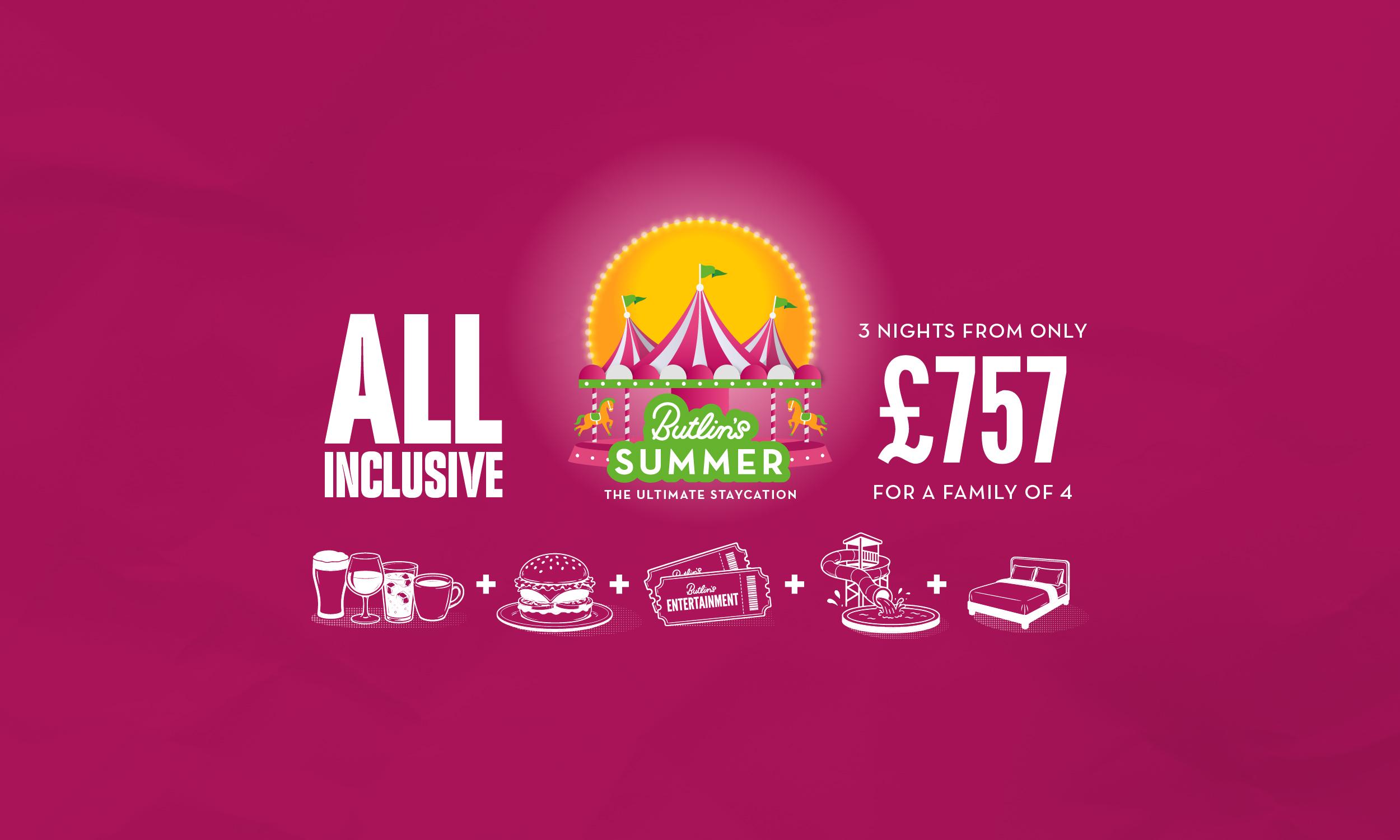 Butlin's Summer all inclusive offer. Central badge shows the Butlin's Skyline Pavilion styled as a pink and white striped carousel with green flags and orange carousel horses, set against a yellow sun ringed with lights, with the tagline "The ultimate staycation". Text reads "All inclusive" on the left and "3 nights from only £757 for a family of 4" on the right. Below, a row of white icons joined by plus signs shows drinks, a burger, Butlin's Entertainment tickets, a waterslide and pool, and a double bed, all on a textured magenta background.