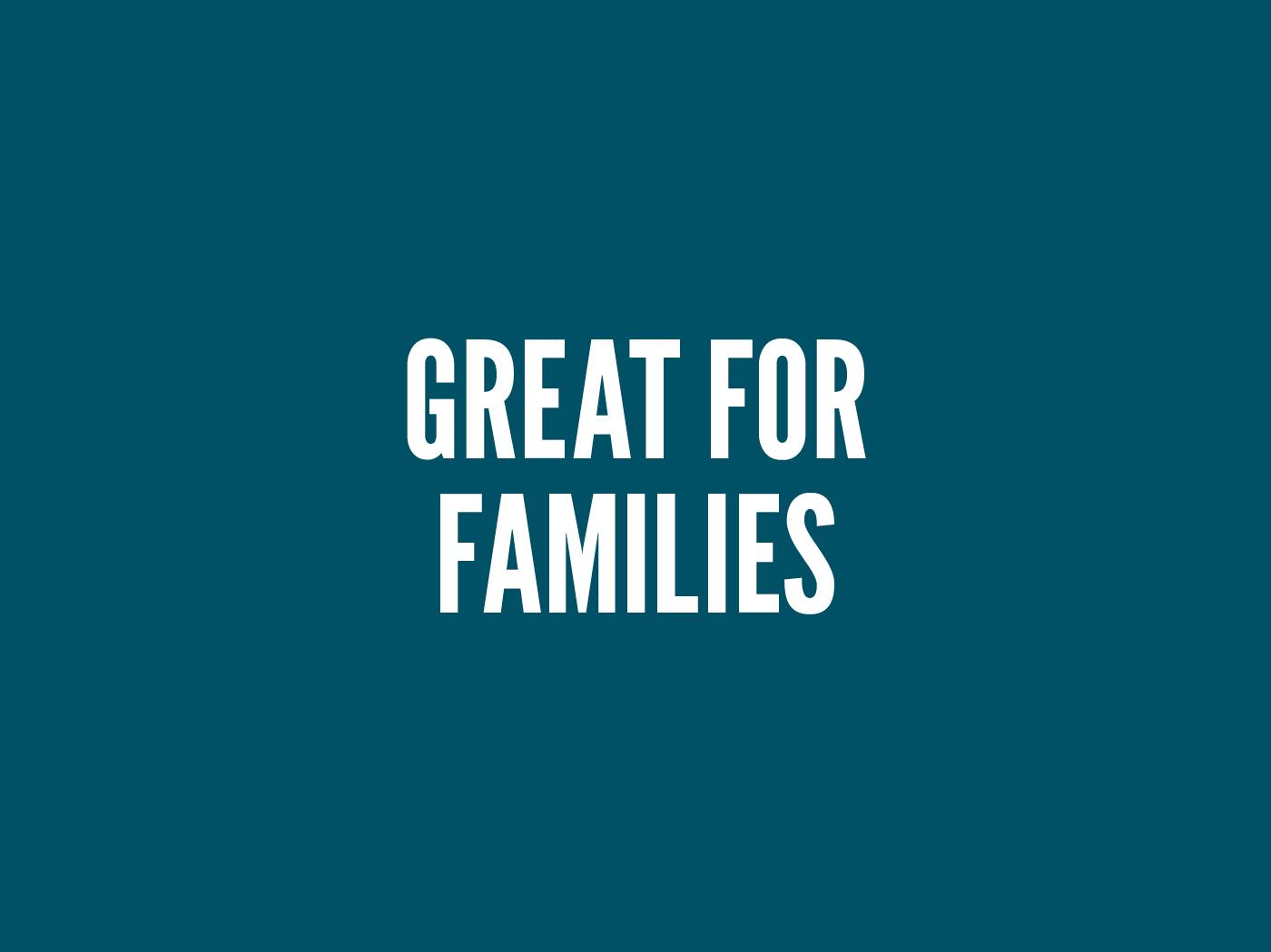 "Great for families" in bold white condensed type, centred on a dark teal background.