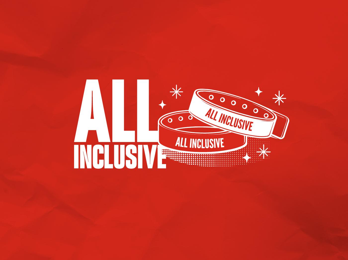 All Inclusive" text logo with an illustration of two wristbands, on a red background.