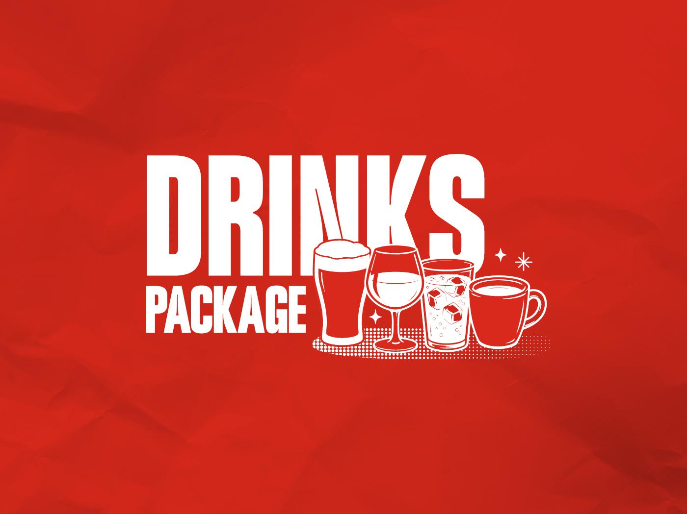 "Drinks Package" text logo with illustrations of a pint, wine glass, soft drink and hot drink, on a red background.