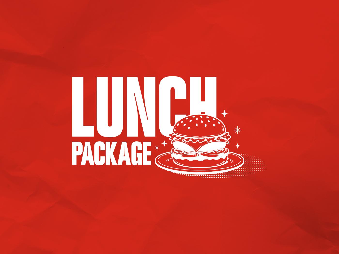 Lunch Package" text logo with a burger illustration, on a red background.