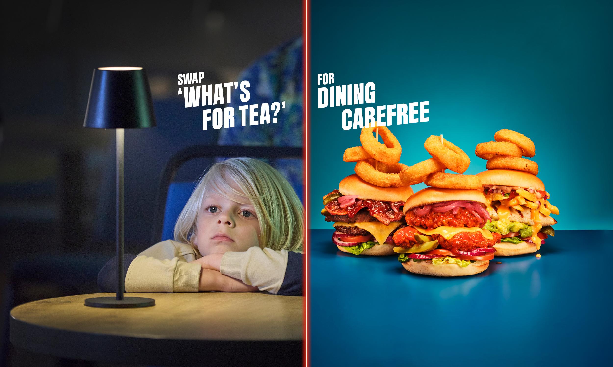 "Swap 'What's for tea?' for dining carefree" text, split between an image of a child sitting at a table and a stack of loaded burgers topped with onion rings.