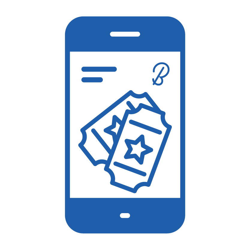 Blue icon of a mobile phone screen displaying tickets and the Butlin’s “B” logo, representing booking or ticketing via the Butlin’s app.