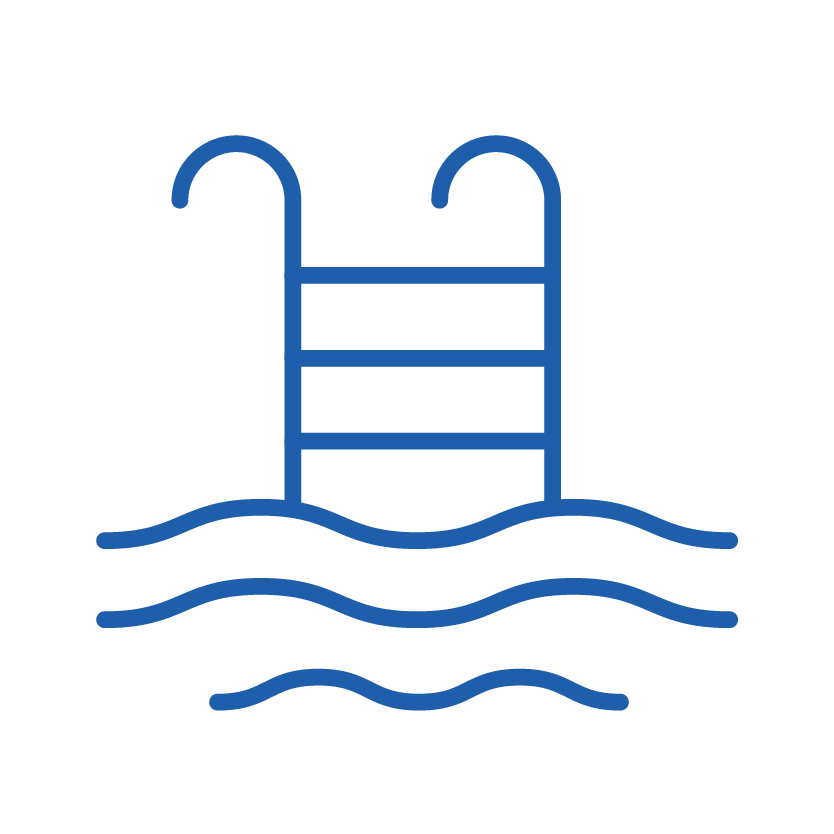 Blue icon showing a swimming pool ladder with stylised water ripples below, representing a swimming pool or water-based activity.
