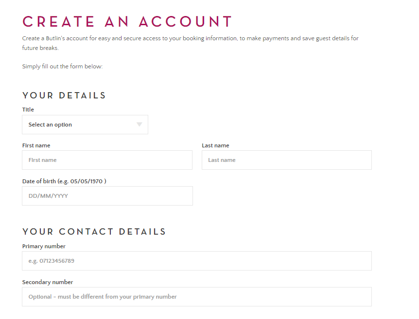 A screenshot of creating an account via the Holiday Credit page.