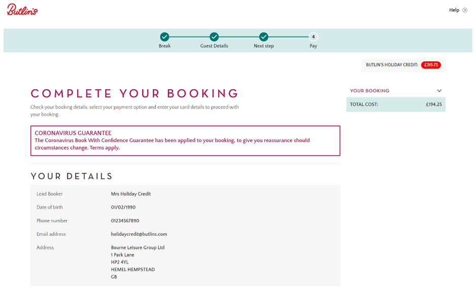 Step 3 of a process to book a break via the Holiday Credit page.