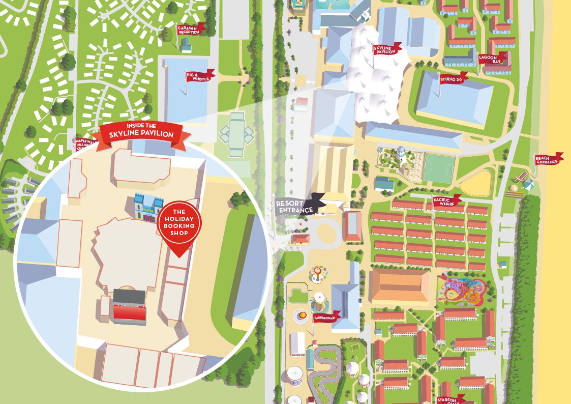 A map of where the Holiday Booking Shop can be found at Butlin's Skegness resort.