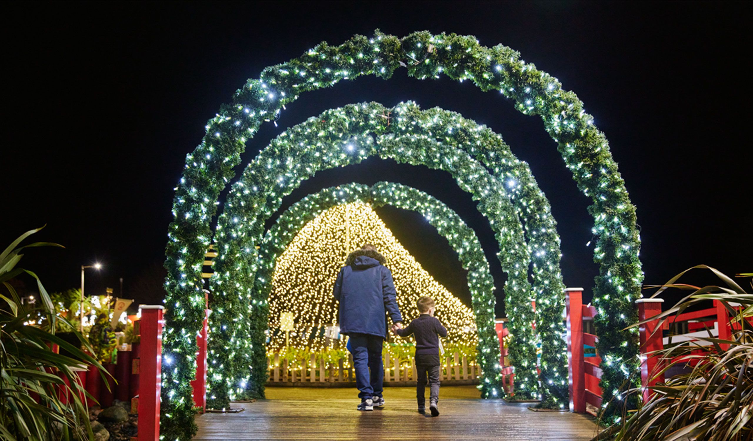 Parent and child holding hands walking through festive light archways towards a giant Christmas tree at Butlin’s.
