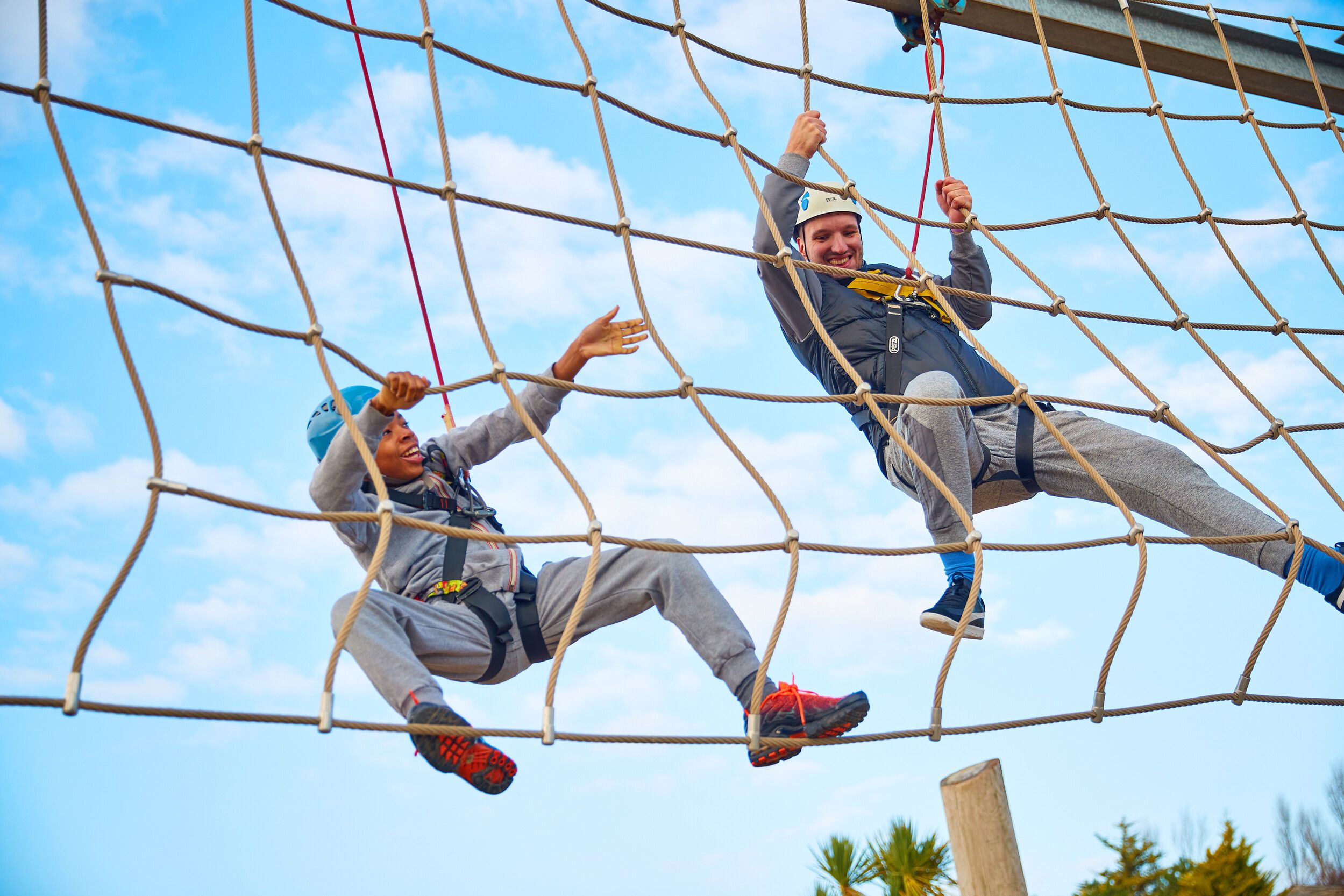 A child and an adult play on the Aerial Adventures high ropes.