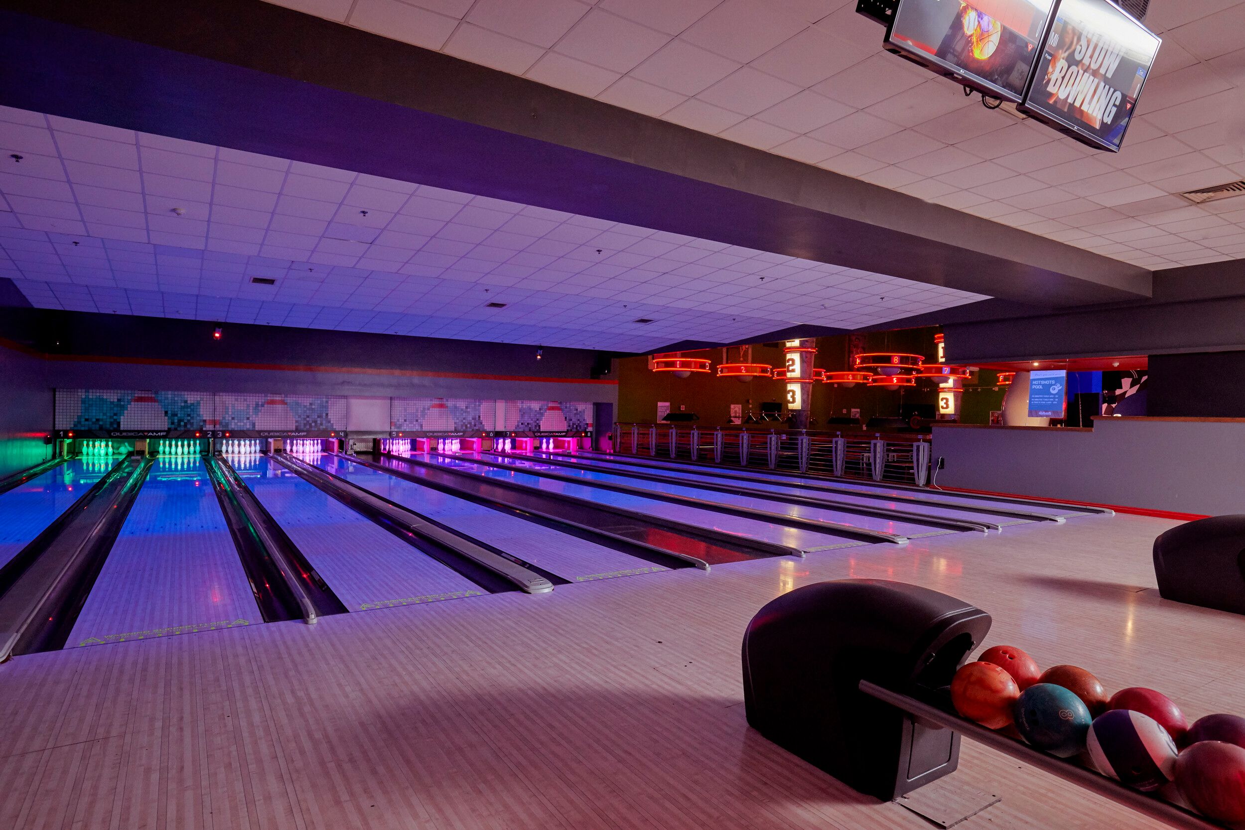 The bowling alley at Bognor Regis, lit up in neon lights.