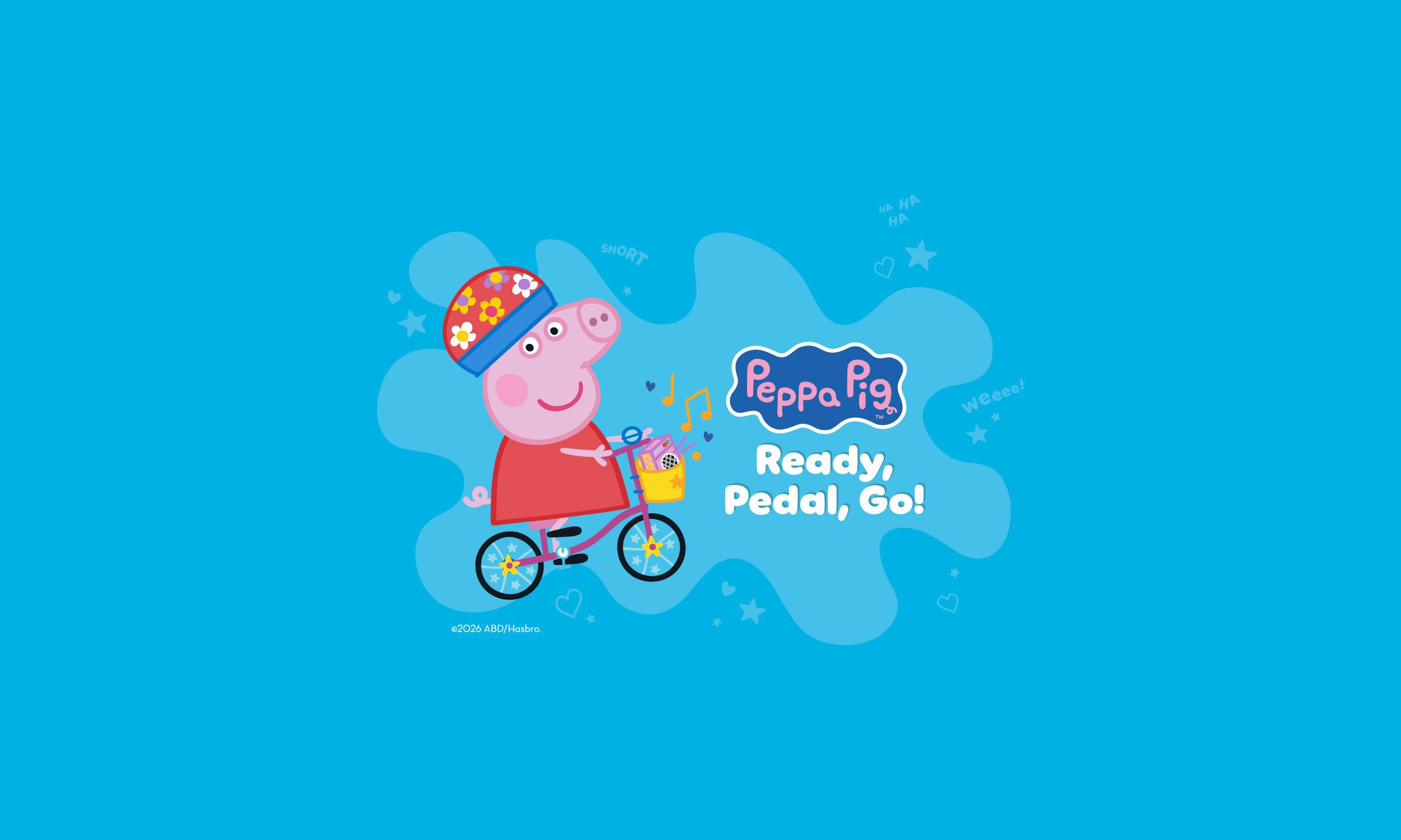 Promotional banner on a bright blue background featuring Peppa Pig riding a pink bicycle, wearing a floral cycling helmet and red dress, with a yellow basket on the front. The Peppa Pig logo and the text "Ready, Pedal, Go!" appear to the right. Playful sound effect words and star and heart decorations surround the illustration.